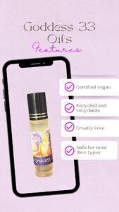 Essential Oils on a picture of a mobile phone with features saying cruelty free, suitable for all skin types